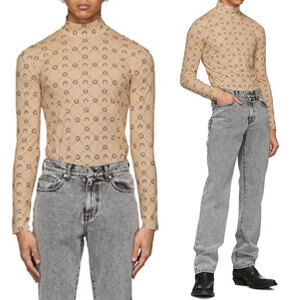 MARINE SERRE Crescent Second Skin Printed Long Sleeve Turtleneck In Tan Size XL